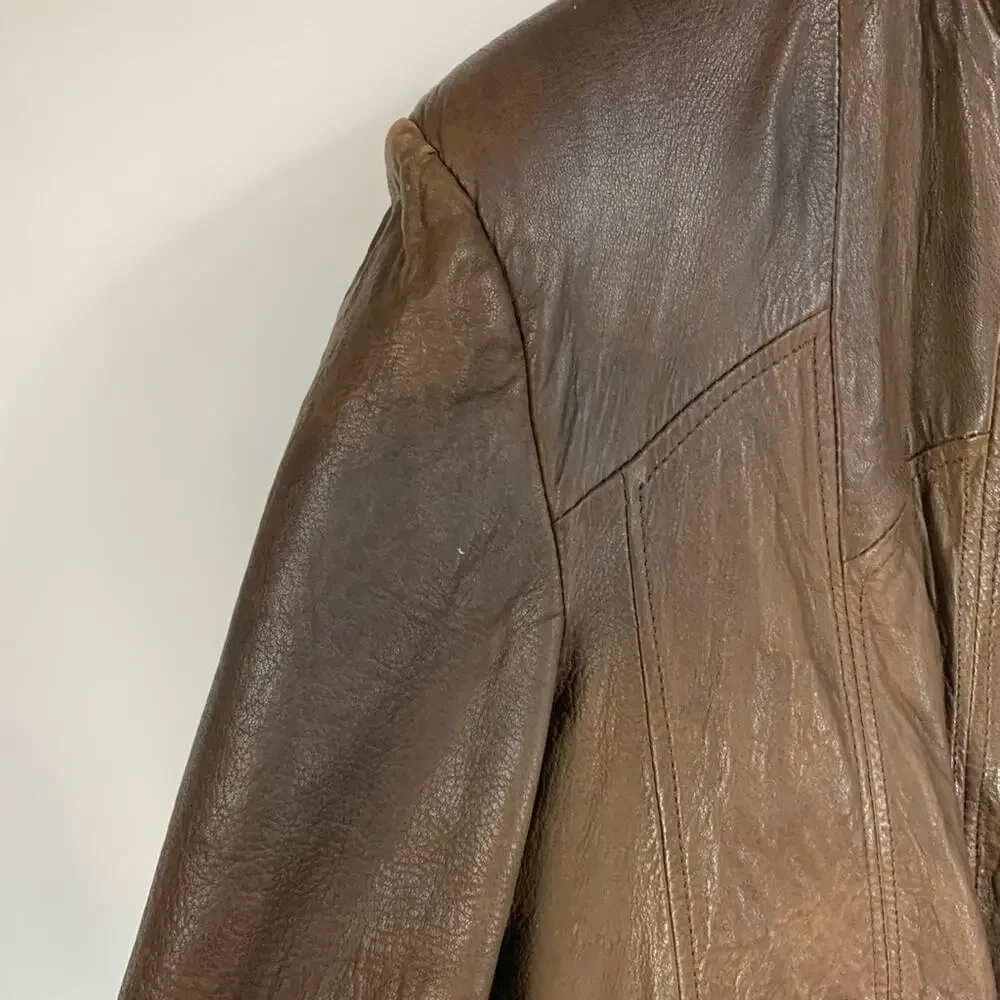 Vintage Grunge Brown Leather Bomber Jacket Sz 46 XL